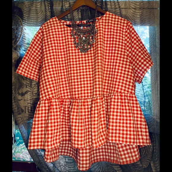 SHEIN Tops - High-low Red Checkered Peplum Top